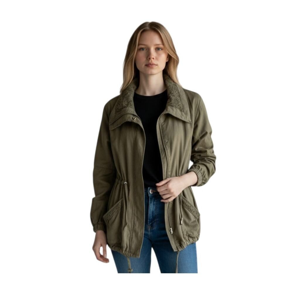 ASHLEY OUTERWEAR BY 26 INTERNATIONAL OLIVE GREEN UTILITY JACKET SZ.M EUC.